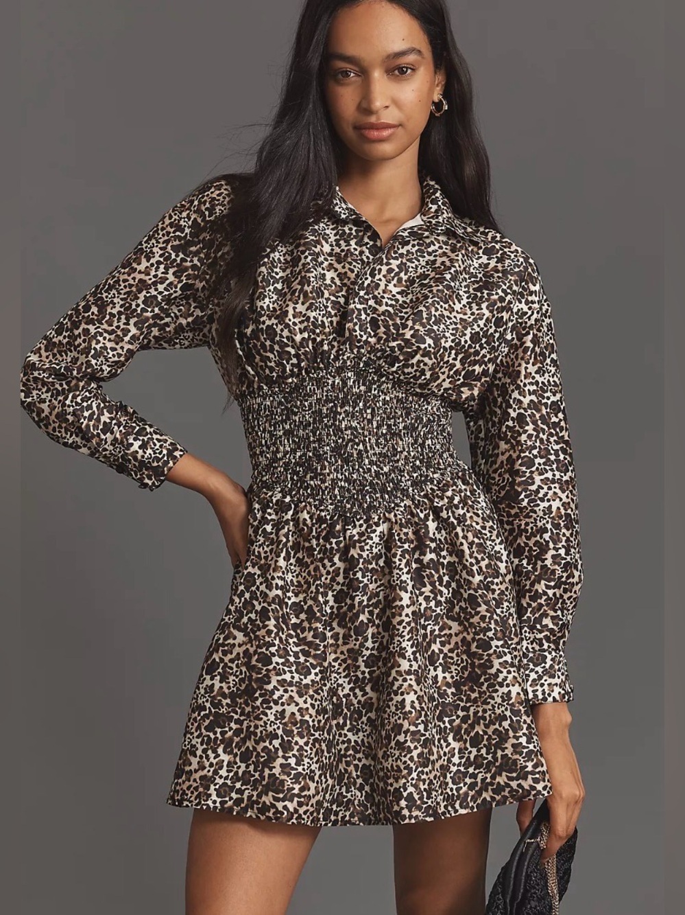 Anthropologie HUTCH Long-Sleeve V-Neck Mini Dress in Leopard Animal L NWT